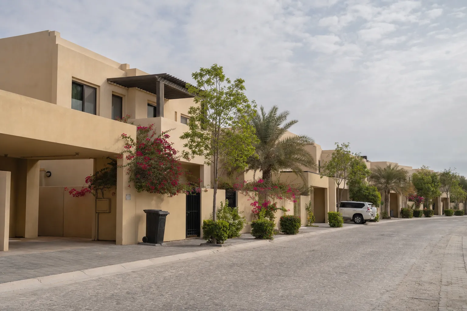 A street of two-storey townhouses in a Dubai suburban community